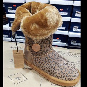 Fur Lined Twin Button Mid Calf Flat Women's Rita Winter Fleece Boots Leopard